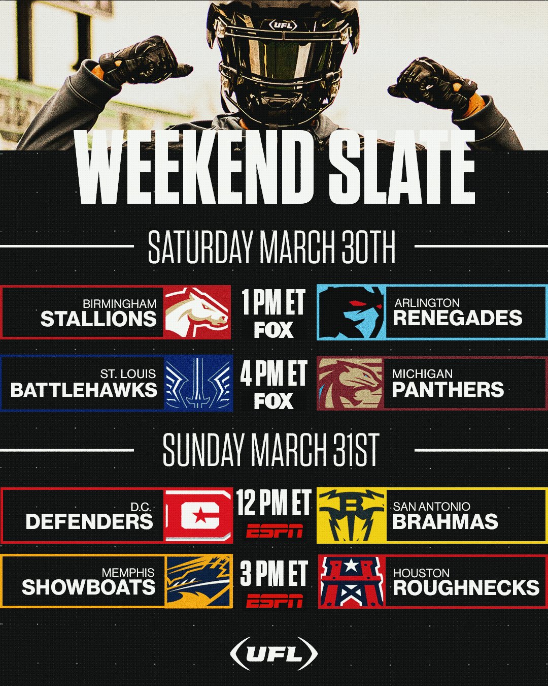 UFL Schedule: Defenders @ San Brahmas, Showboats @ Roughnecks, Odds, UFL Live Stream Free, UFL Games Today (Sunday, Mar. 31)