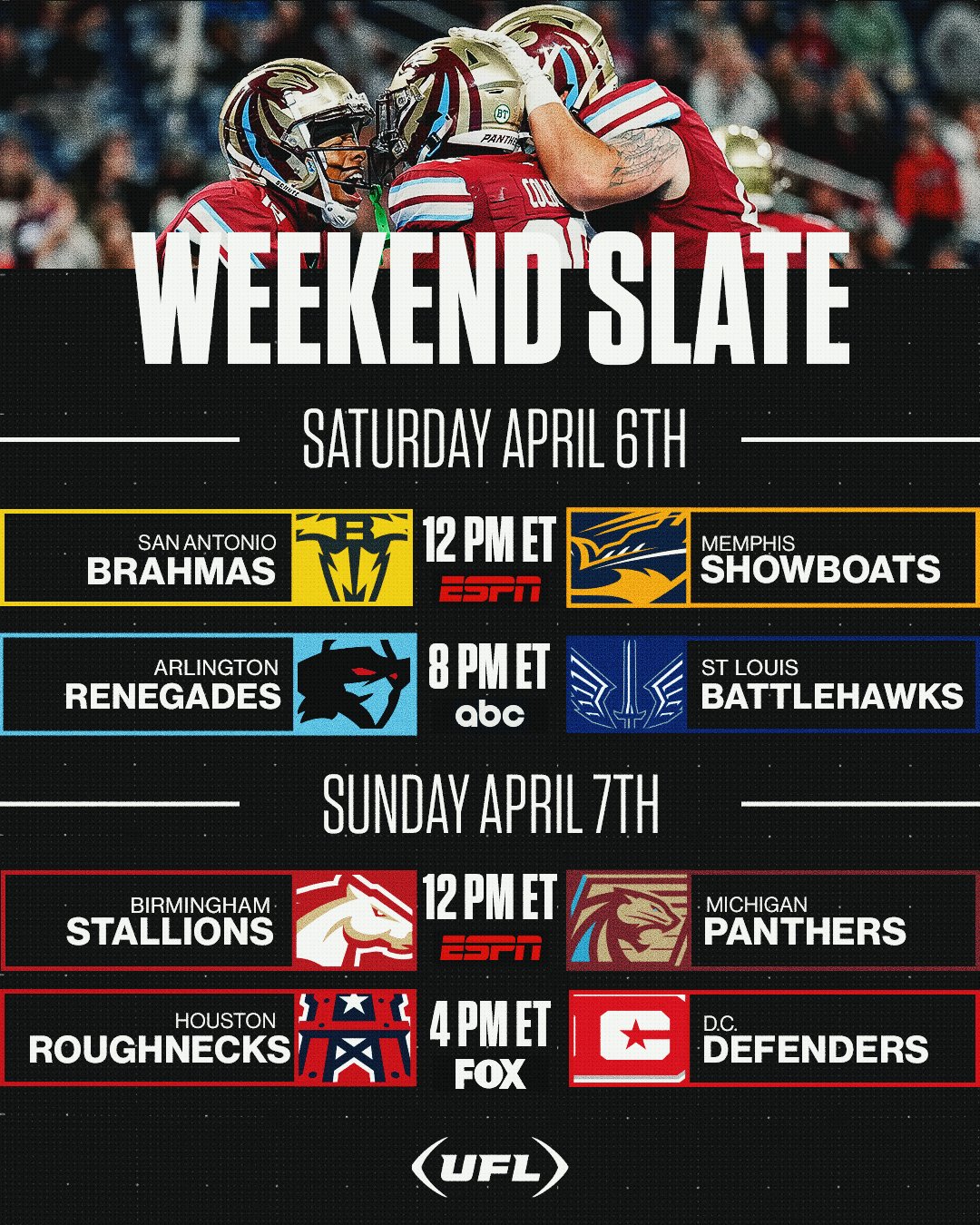 UFL Schedule: Stallions vs. Panthers, Roughnecks vs. Defenders, Odds, UFL Games Today (Sunday, Apr 7)