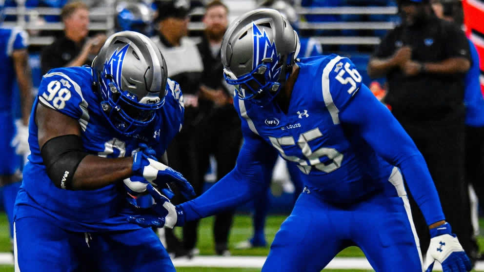 Freedom Akinmoladun left and Travis Feeney right with the STL Battlehawks in week 2 photo by Christopher Garcia courtesy of the UFL - UFL News Hub