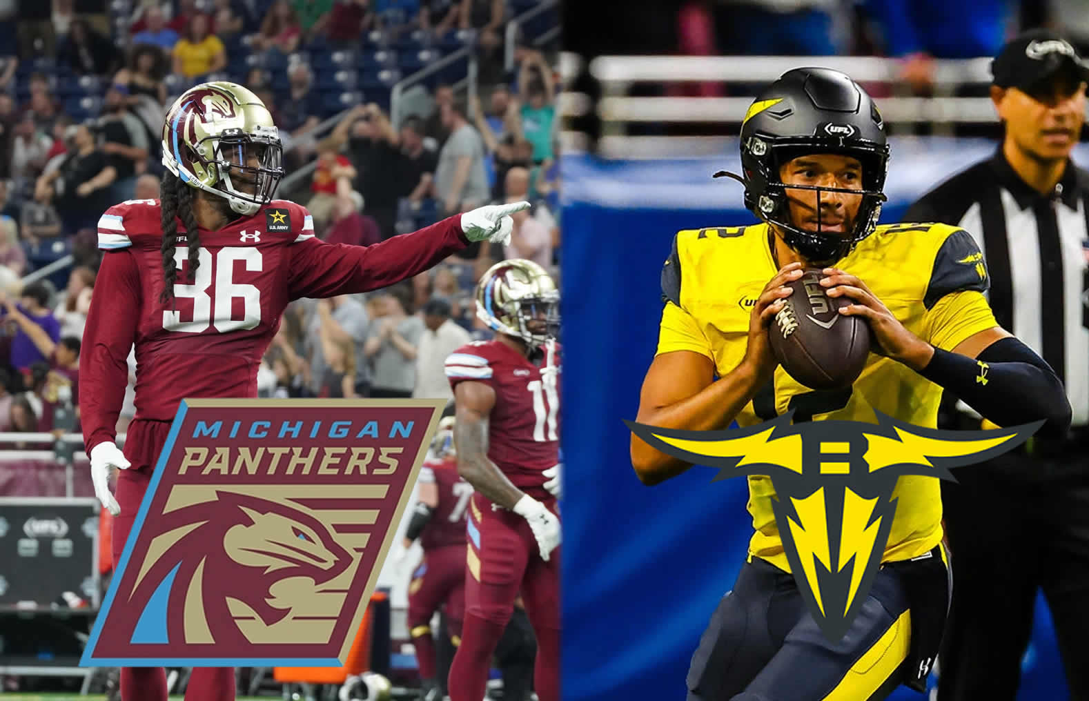 Adonis Alexander with Michigan Panthers in 2024 photo by Jonathan Clink (left), Kellen Mond with SA photo by Christopher Garcia courtesy of UFL - UFL News Hub