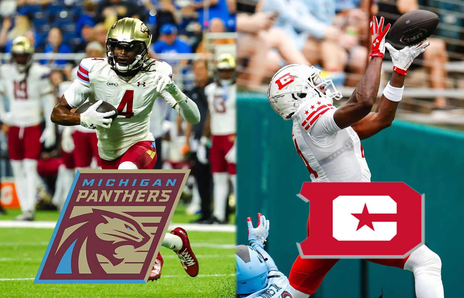Panthers week 6 preview Siaosi Mariner with Michigan photo left courtesy of UFL by Christopher Garcia Cornell Powell with DC photo right courtesy of UFL by Blake Hanley - UFL News Hub