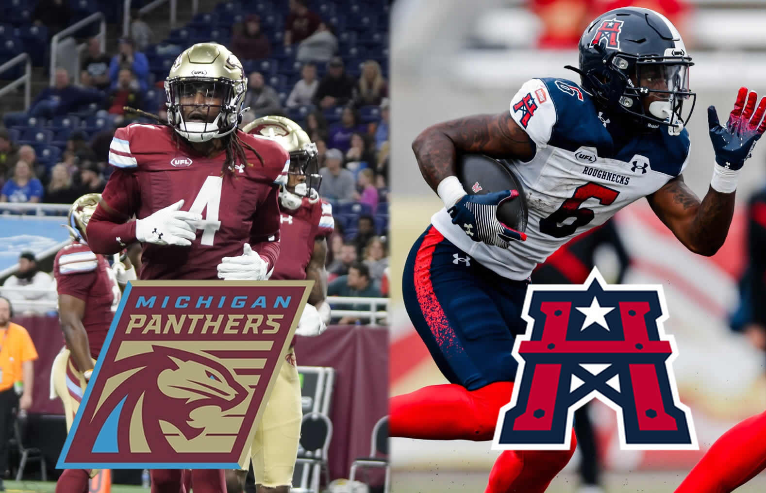 Siaosi Mariner with Michigan Panthers week 6 left photo by Jonathan Clink Zaquandre White with Houston Roughnecks week 7 right photo by Blake Hanley courtesy of UFL - UFL News Hub