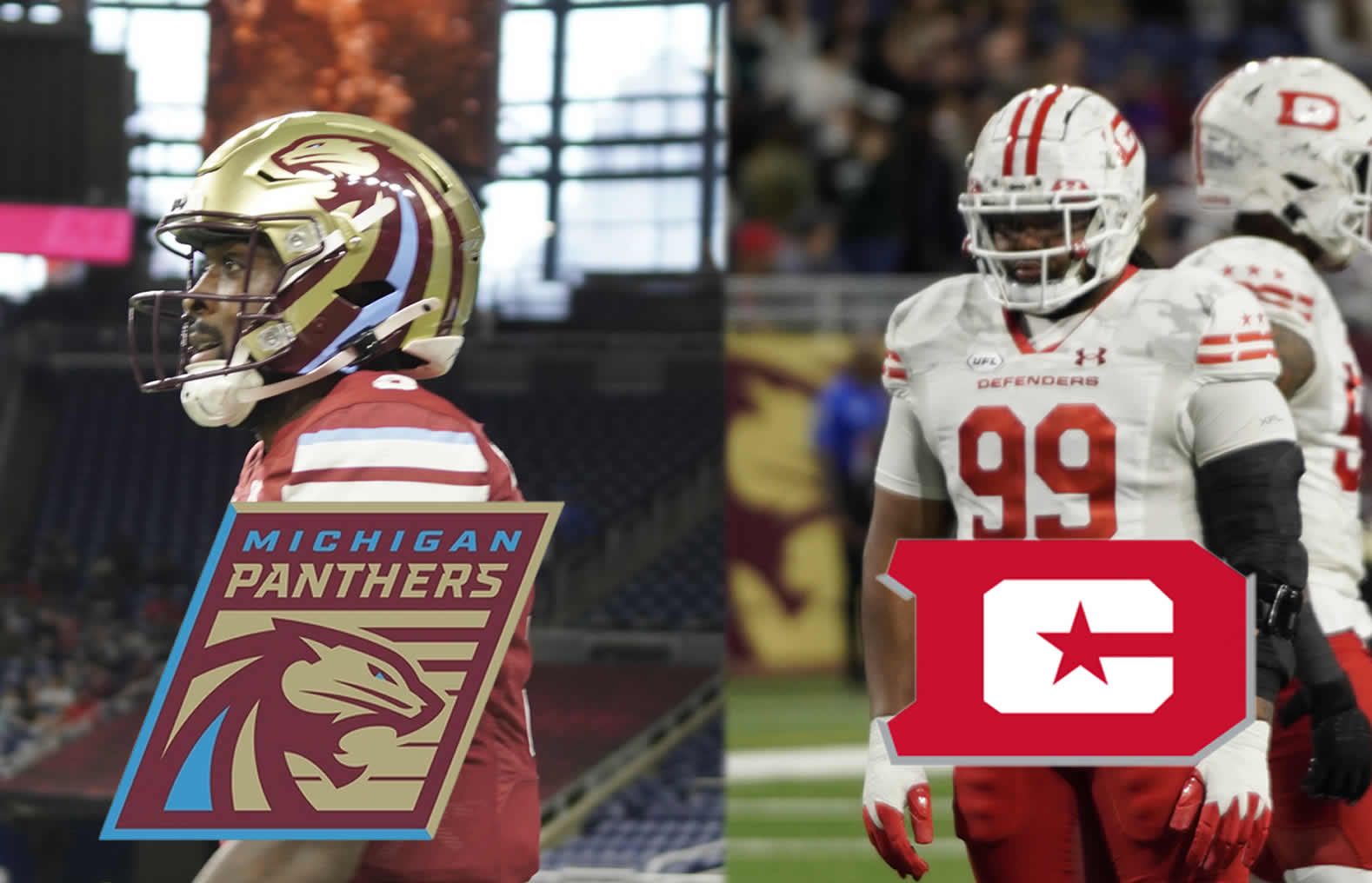 Bryce Perkins with Michigan Panthers in Week 6 left Joe Wallace with DC Defenders week 6 right photo by Jonathan Clink - UFL News Hub