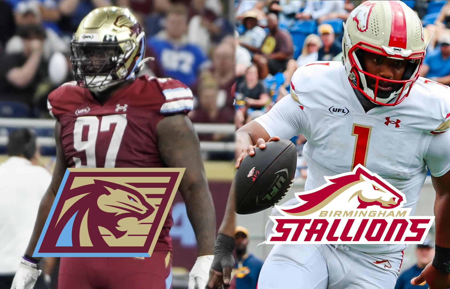 RonDell Carter with Michigan Panthers left photo by Jonathan Clink JMar Smith with Birmingham Stallions right photo by Blake Hanley courtesy of UFL - UFL News Hub